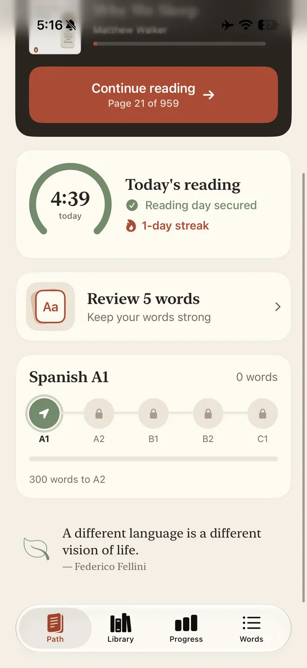 O ecrã de progresso com dias de leitura e níveis de vocabulário