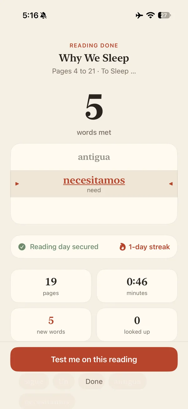 Um resumo de leitura com palavras novas e um questionário opcional